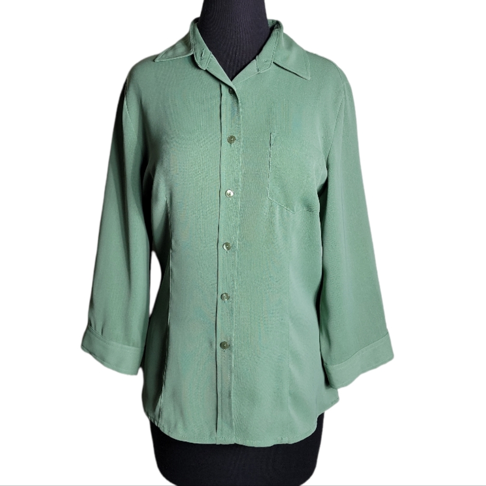 Anna green button down blouse women's medium 3/4 sleeve collared casual